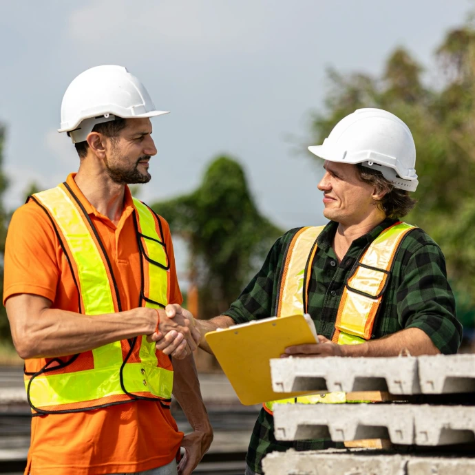 Construction workers shake hands after a deal.